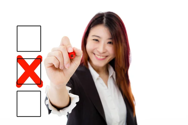 Chinese businesswoman filling in checkbox on virtual screen — Stock Photo, Image