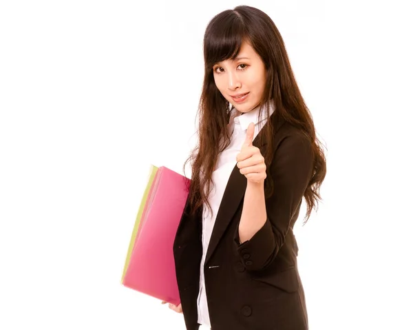 Asian businesswoman executive carrying folder, thumbs up — Stock Photo, Image