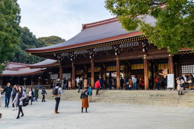 Shibuya, Tokyo 'daki Meiji Tapınağı' nda turist kalabalığı.