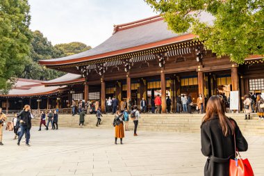 Shibuya, Tokyo 'daki Meiji Tapınağı' nda turist kalabalığı.