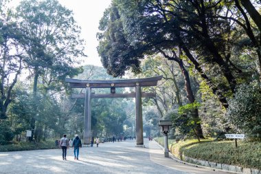 Shibuya, Tokyo 'daki Meiji Tapınağı' nın Torii kapısında kalabalık var.. 