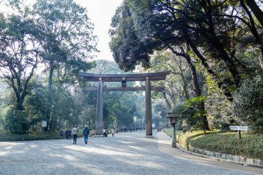 Shibuya, Tokyo 'daki Meiji Tapınağı' nın Torii kapısında kalabalık var.. 