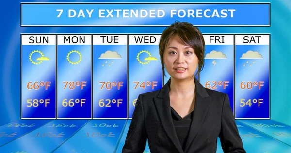 Asian American meteorologist reporting weather — 스톡 사진