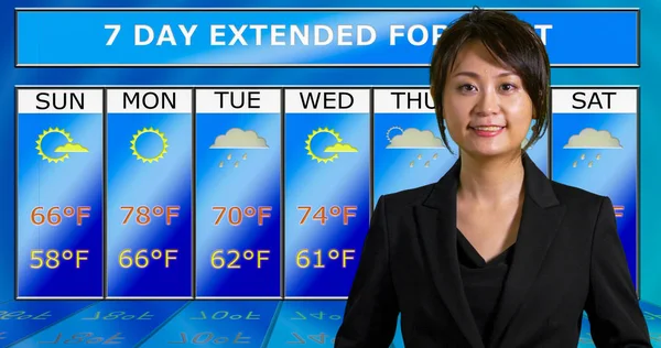 Asian American meteorologist reporting weather