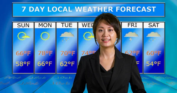Asian American meteorologist reporting weather — 스톡 사진