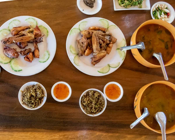 Selection Burmese Dishes Rural Myanmar Skinny Chicken Traditional Soup — Stock Photo, Image