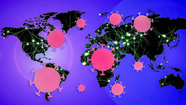 Illustration Von Coronavirus Zellen Auf Abstrakter Karte Mit Verschwommenem Lichtknoten — Stockfoto
