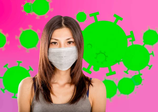 Chinese Woman Wearing Surgical Mask Coronavirus Cells Background — Stock Photo, Image