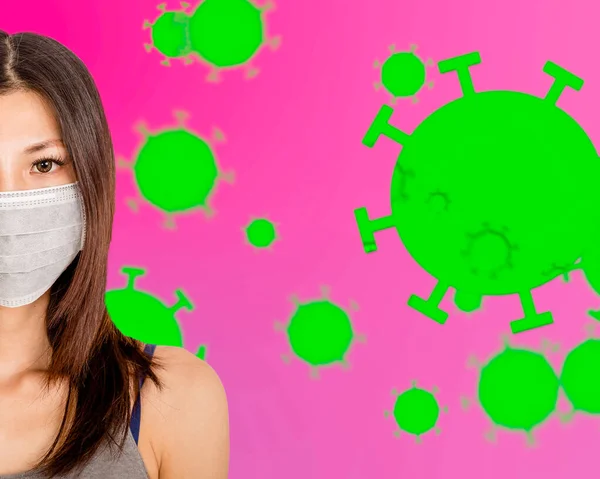 Half Face Asian American Woman Wearing Surgical Mask Coronavirus Cells — Stock Photo, Image