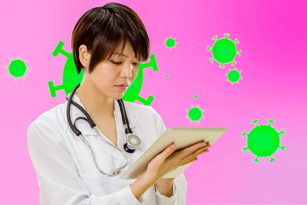 Asian American Doctor Holding Tablet Computer Coronavirus Illustration Background — Stock Photo, Image