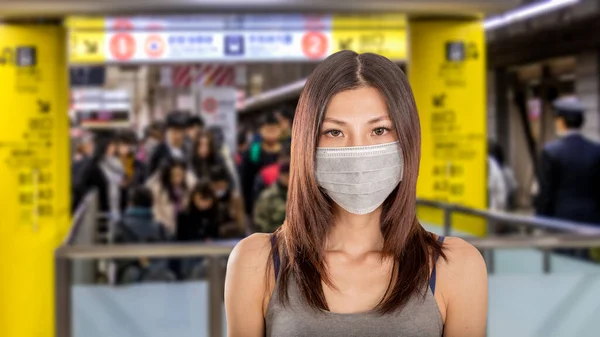Chinese Woman Wearing Surgical Mask Defocused Japanese Metro Train Station — Stock Photo, Image