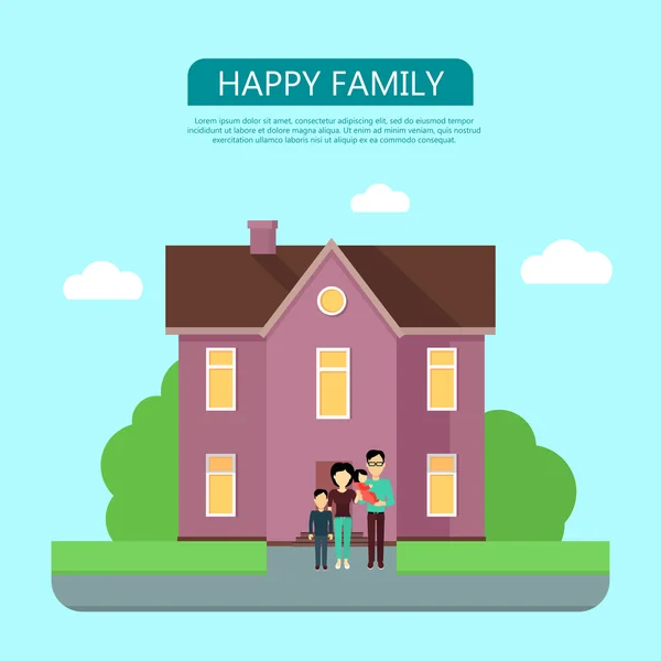 Familia feliz en el patio de su casa . — Vector de stock