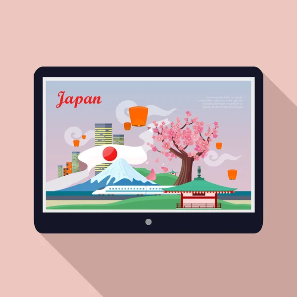 Japans Wahrzeichen auf dem Tablet-Bildschirm — Stockvektor