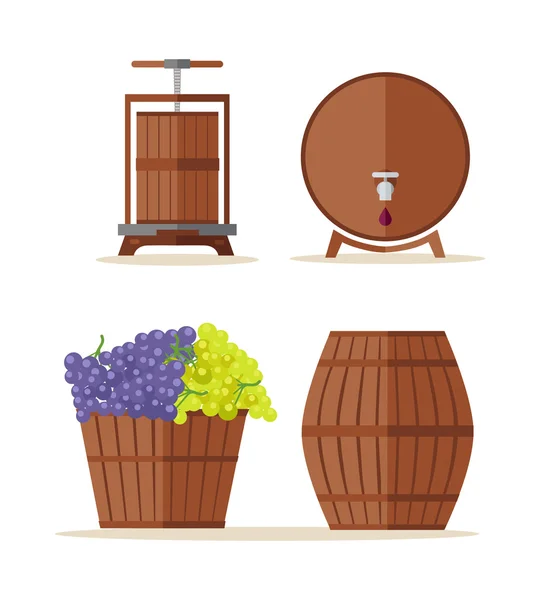 Wine barrels set. Basket with grape. — Wektor stockowy