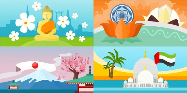 Indie, Emiráty, Thajsko, Japonsko cestovní plakáty — Stockový vektor