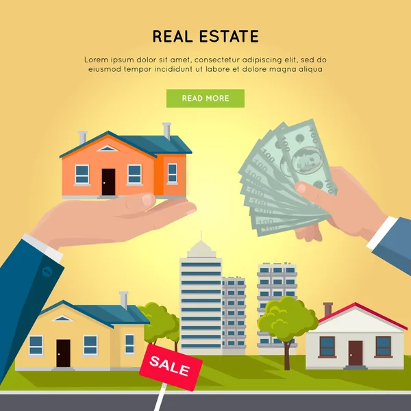 Real Estate διάνυσμα Web Banner σε επίπεδη σχεδίαση. — Διανυσματικό Αρχείο