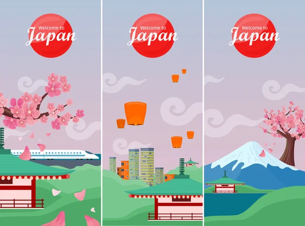 Japan Travelling Banner. Monumentos japoneses — Vector de stock