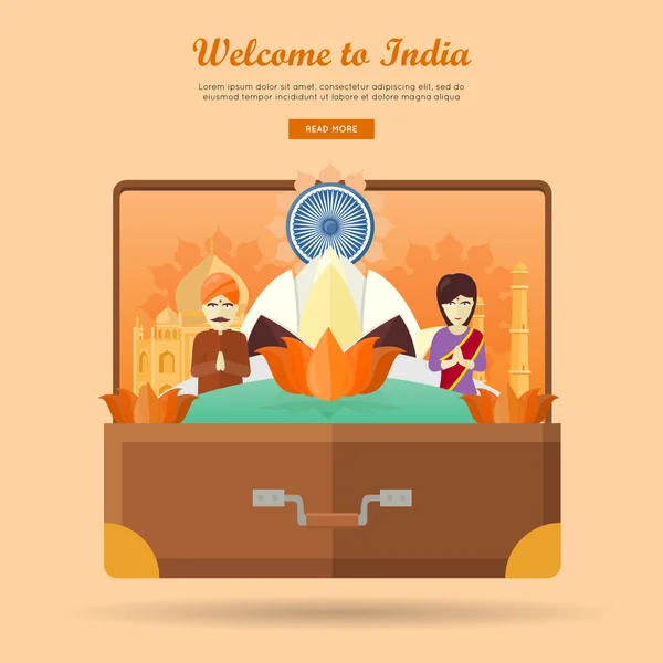 India Travel Banner. Indian Landmarks in Suitcase — Stock Vector