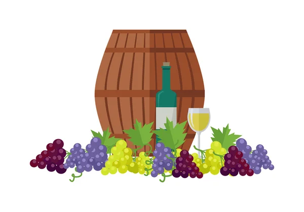 Baril en bois avec vin. Différents types de raisins  . — Image vectorielle
