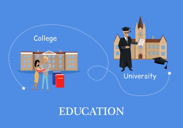 Onderwijs in College en Universiteit. Geïsoleerde gebouwen — Stockvector