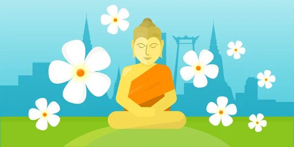 Thai Isten Buddha ülni a rét felett fekvő város. — Stock Vector