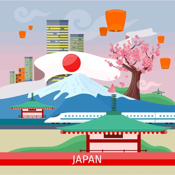 Japan Travelling Banner. Monumentos japoneses — Vector de stock