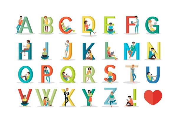 Alphabet anglais avec les humains utilisent la technologie moderne — Image vectorielle