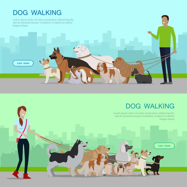 Professional Dog Walking Service Banners Set. — Stock Vector