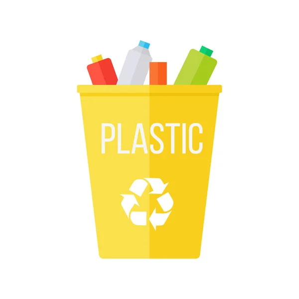 Papelera de basura de reciclaje amarillo con plástico — Vector de stock