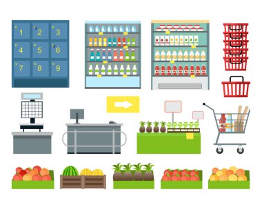 Süpermarket mobilya ve ekipman vektör kümesi.