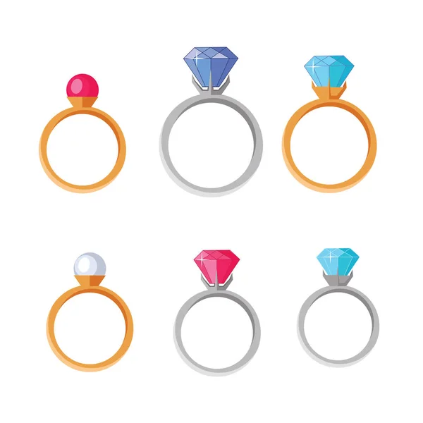 Schmuckset aus Ringen mit Edelsteinen in verschiedenen Farben — Stockvektor