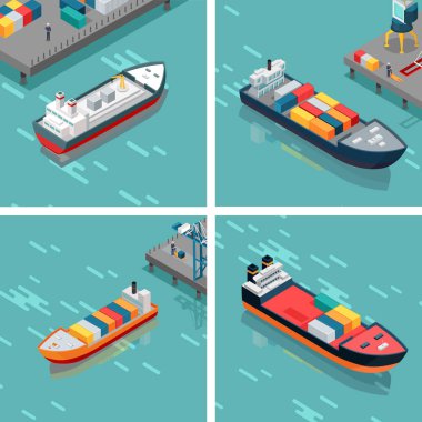 Set of Cargo or Container Ship Unloading Goods clipart