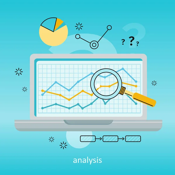 Portátil con lupa y diagrama en pantalla — Vector de stock