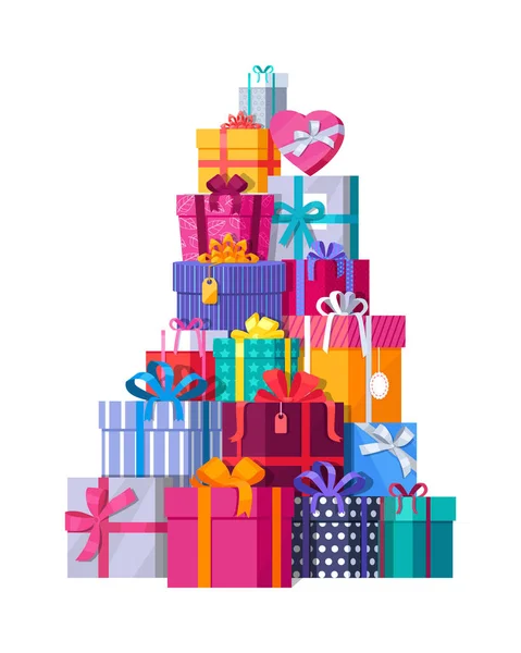 Montagna di scatole regalo colorate su bianco — Vettoriale Stock
