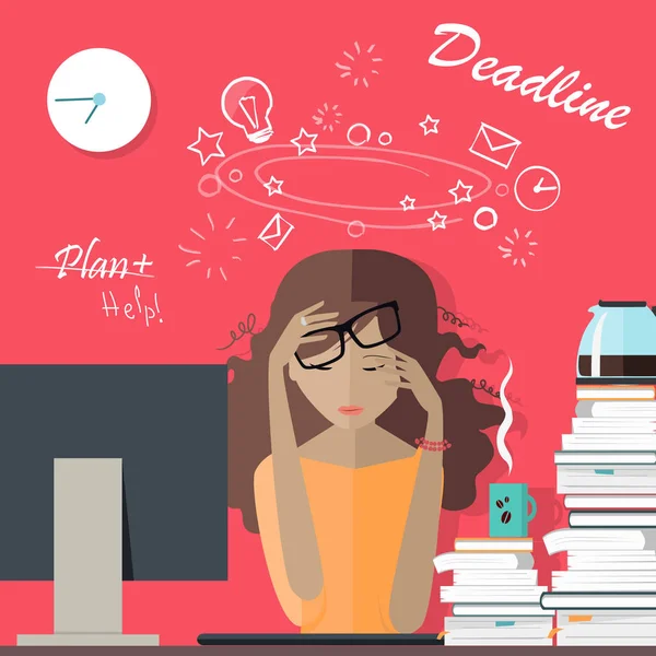 Femme fatiguée au travail. Date limite. Beaucoup de travail à faire . — Image vectorielle