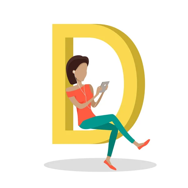 D Letter and Girl Watching Movie on Tablet. Vector — Stock Vector