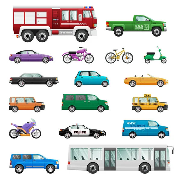 Conjunto grande de transporte de ruedas en diseño plano . — Archivo Imágenes Vectoriales