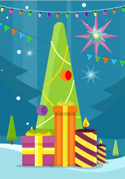 Julgran med presenter och ljus. Vektor — Stock vektor