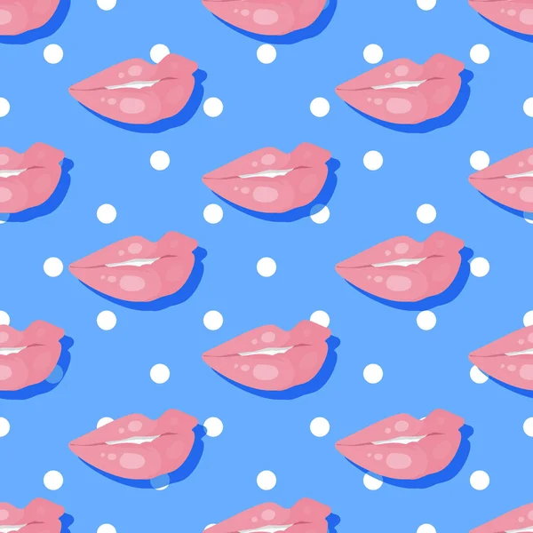 Seamless Pattern Smiling Lips Teeth on Polka Dot — Stock Vector