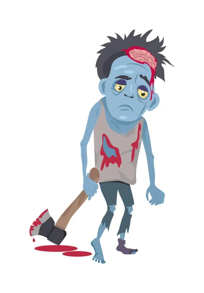 Scary Zombie Man Berjalan dengan Ax Flat Vector - Stok Vektor