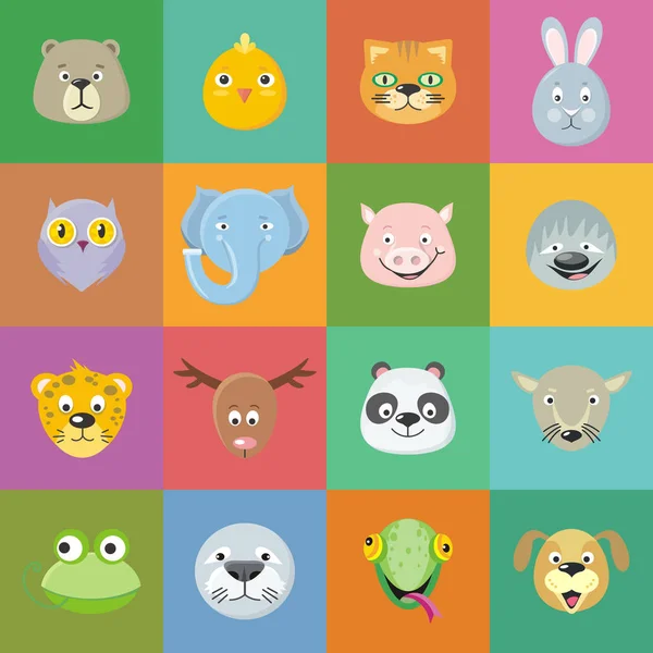Colección de caras de animales lindos. Conjunto de iconos cabeza . — Vector de stock