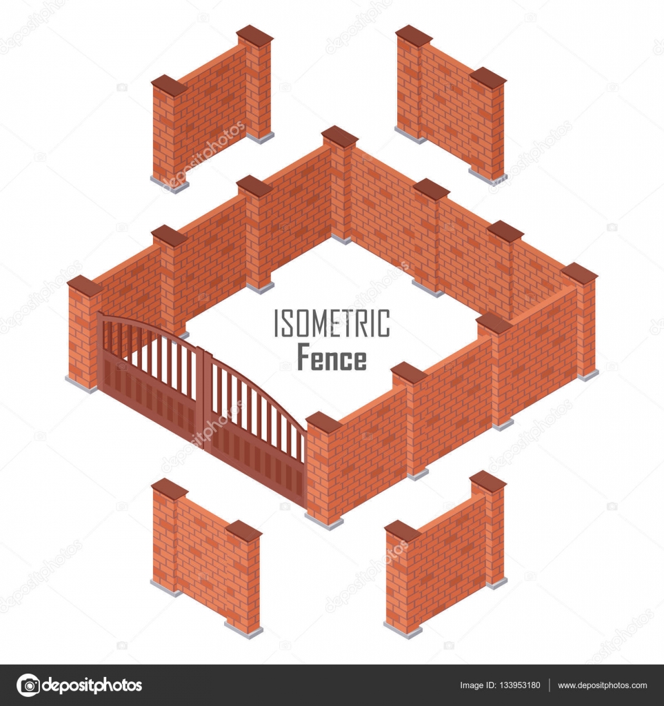 Verja de hierro con columnas de ladrillo aislado en blanco — Vector de