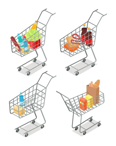 Set van Trolleys met voedsel. Supermarkt apparatuur. — Stockvector