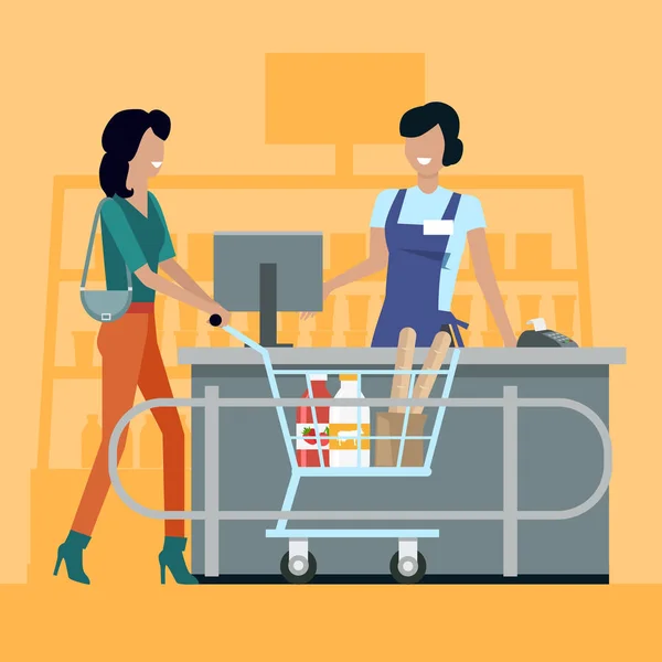 Einkaufen im Lebensmittelladen Vektor Illustration. — Stockvektor