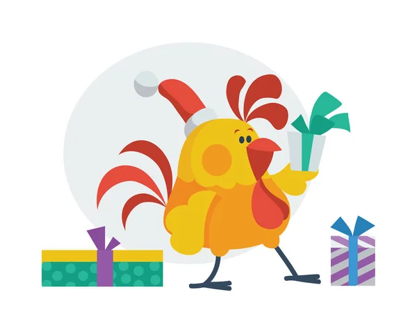 Rooster Bird Opens Presents. Cock in Santa s Hat — Stock Vector