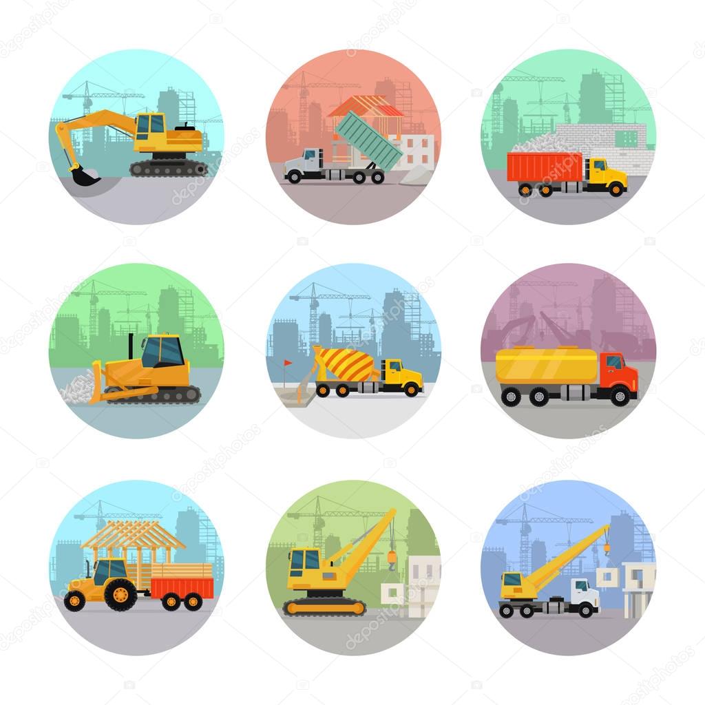 Set of Vector Icons with Construction Machines