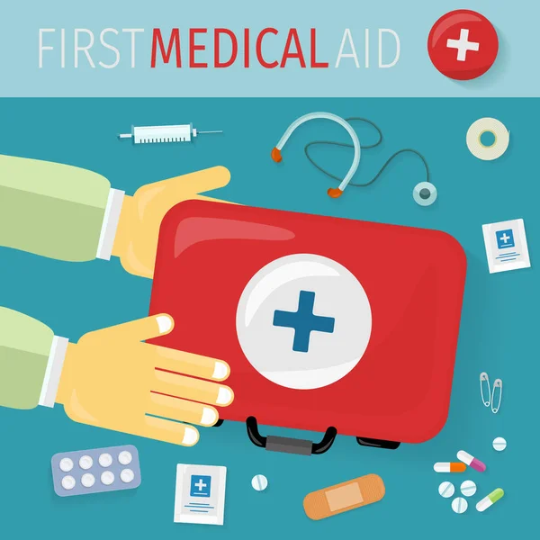 First Medical Aid kit and its Content. Equipment — Stock Vector