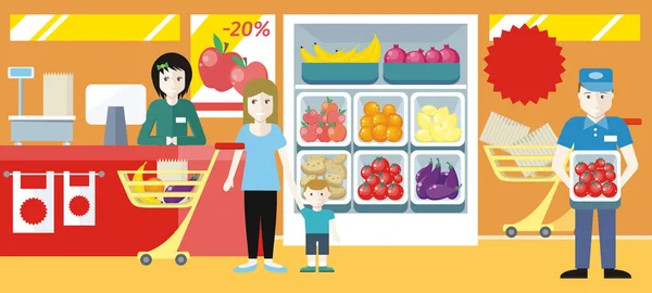 Einkaufen im Lebensmittelgeschäft Konzept Illustration. — Stockvektor