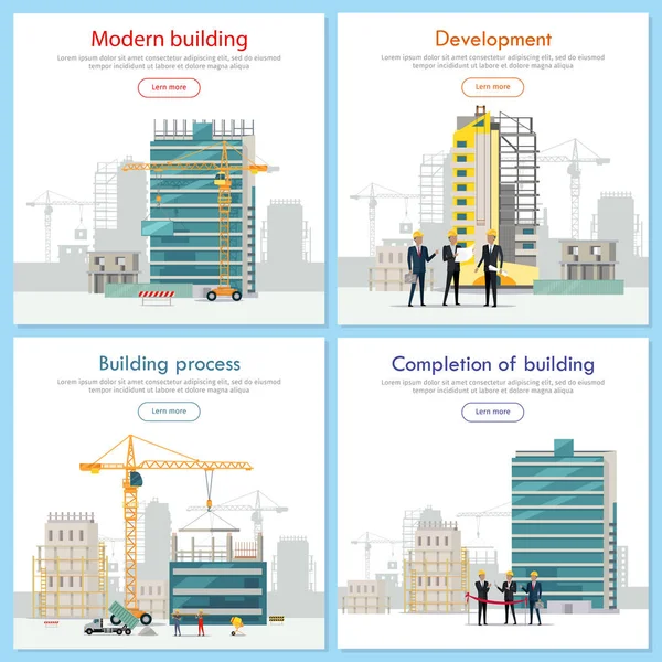 Edificio moderno. Desarrollo. Proceso de construcción . — Vector de stock