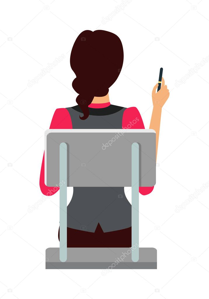 Woman Sitting on the Chair and Pointing by Pen